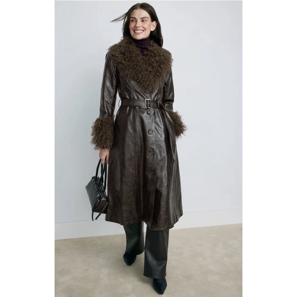 Peter Som Penny Lane Coat Brown Faux Leather  Size XL